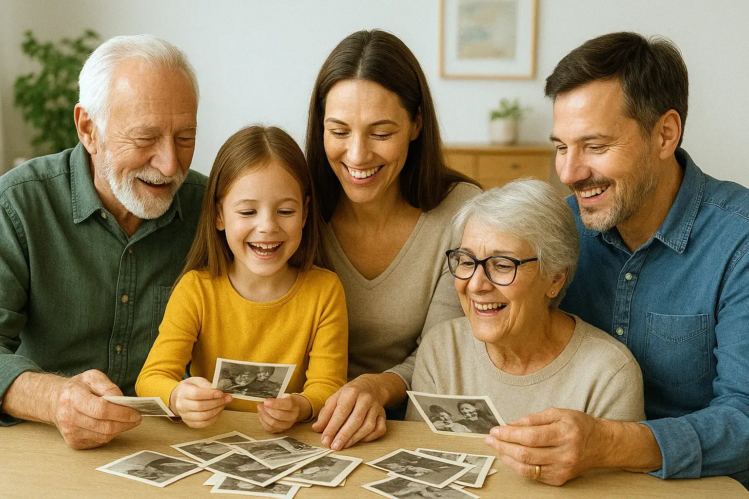 Family members bonding over old photo albums and shared history