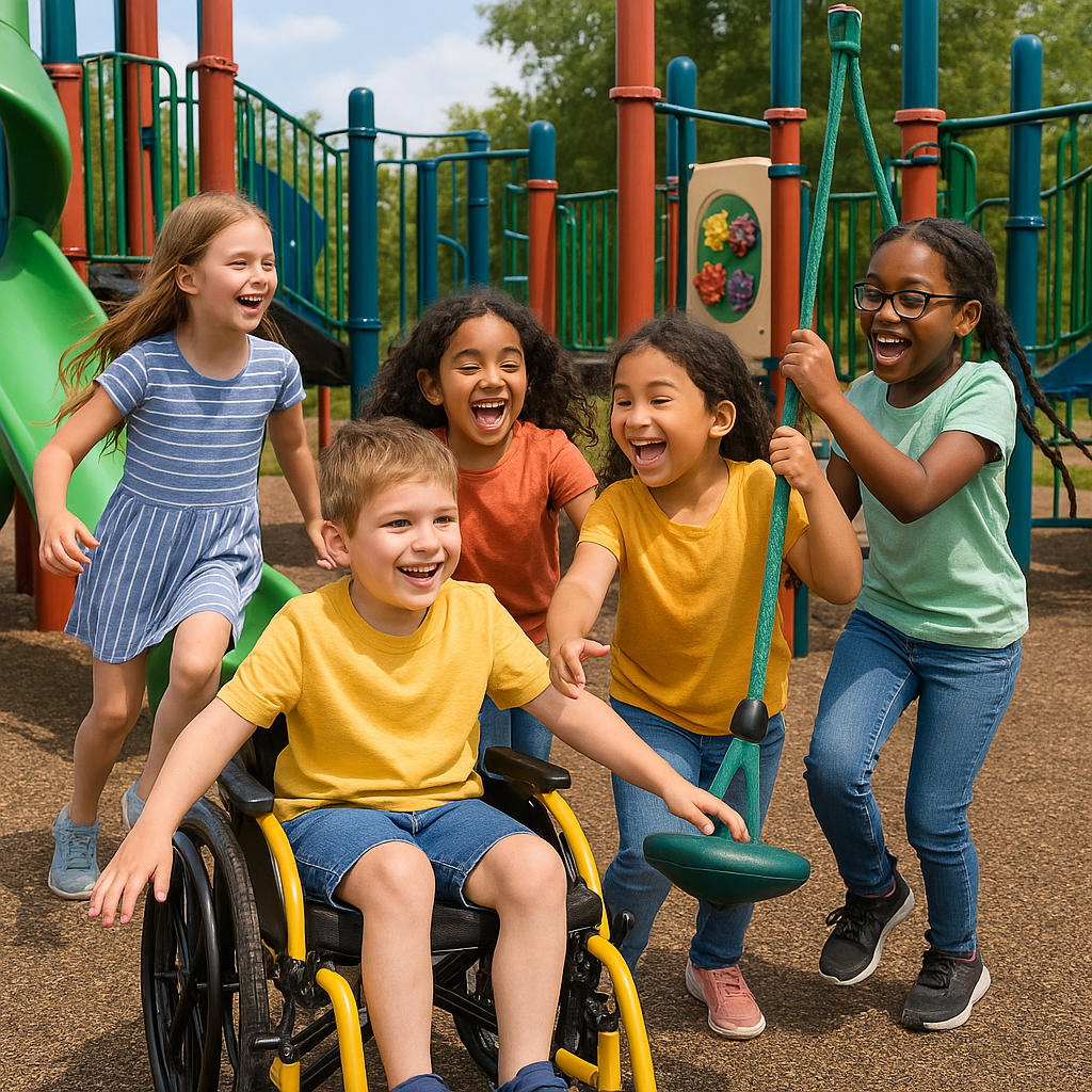 Children with and without disabilities playing together on an inclusive playground