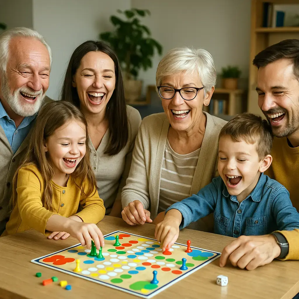 family laughing and playing a board game together