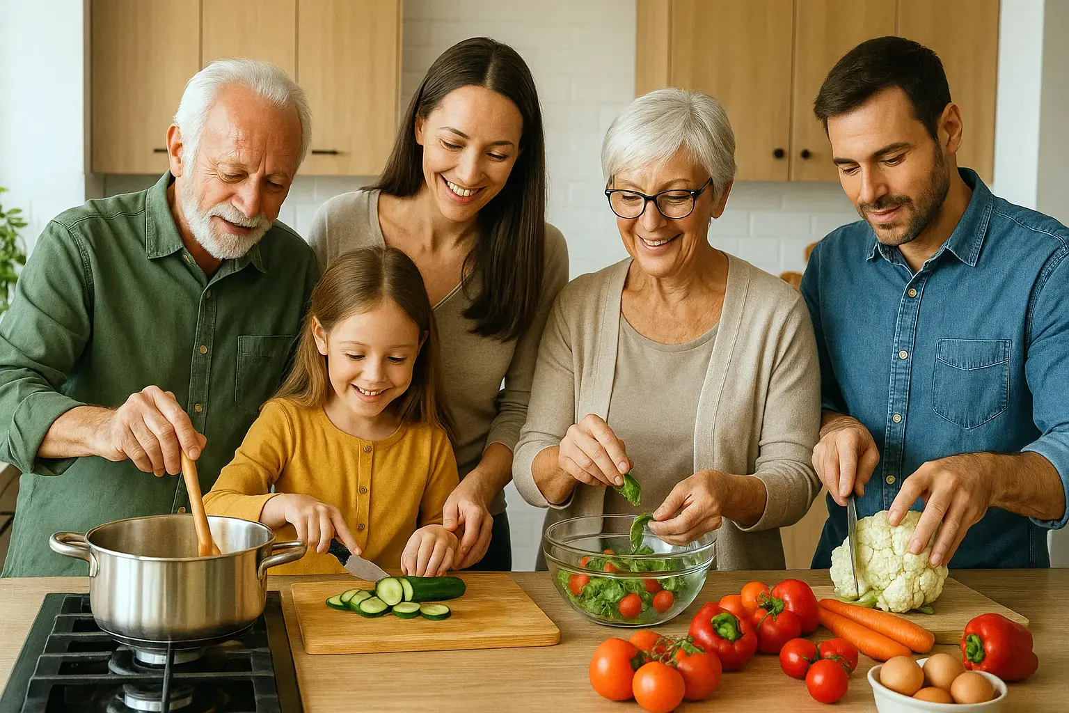 Diverse family cooking a meal together, fostering teamwork