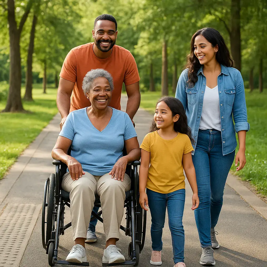 Inclusive family enjoying a nature walk outdoors